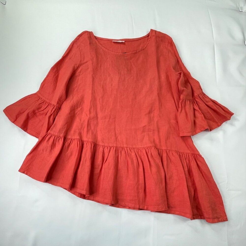 Bryn Walker Franci Gauzy Linen Ruffle Top Blouse Guava Orange Womens Medium